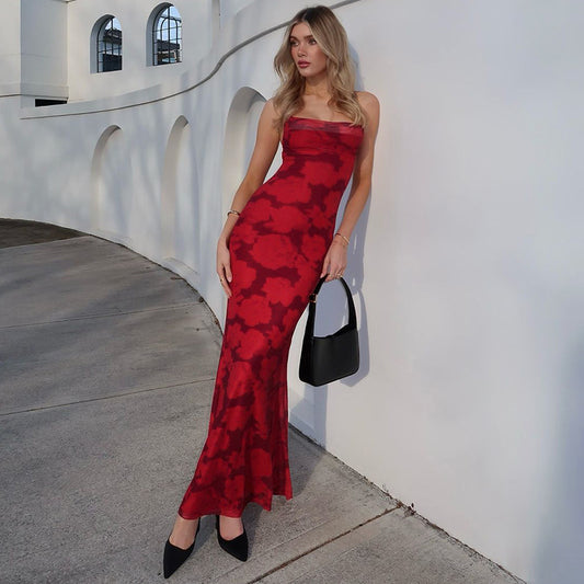 Women Clothing Printed Sexy Backless Stitching Thin Strap Sexy Arrival Sling Double Layer Dress Women